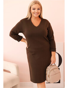 Kesi Hnedé Plus Size šaty s výstrihom do V a 3/4 rukávmi