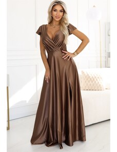 NUMOCO Kávovo hnedé dlhé lesklé šaty s výstrihom 411-14