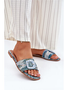 Boto Płaskie Klapki Damskie Z Ozdobną Klamrą Niebieskie Clariola