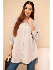 K-Fashion Bavlnená mušelínová košeľa nadrozmernej veľkosti tmavo béžová