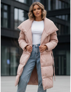 BASIC Púdrovo ružový dlhý prešívaný kabát s pásikom FAVI TY3090