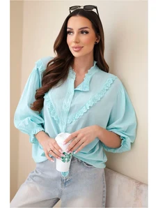 Kesi Dámska bavlnená košeľa s čipkou a kravatami mätová