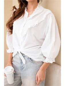 Kesi Dámska bavlnená košeľa s čipkou a kravatami mätová