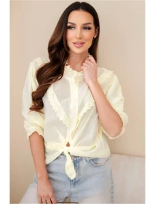 Kesi Dámska bavlnená košeľa s čipkou a kravatami mätová