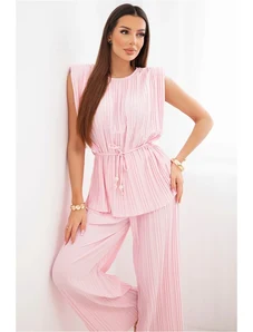 Kesi Dámska plisovaná súprava z viskózy s viazanou blúzkou a širokými nohavicami žltá