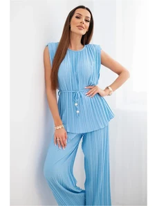 Kesi Dámska plisovaná súprava z viskózy s viazanou blúzkou a širokými nohavicami žltá