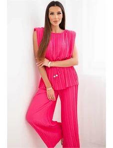 Kesi Dámska plisovaná súprava z viskózy s viazanou blúzkou a širokými nohavicami žltá