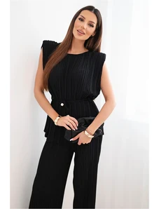 Kesi Dámska plisovaná súprava z viskózy s viazanou blúzkou a širokými nohavicami žltá