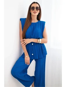 Kesi Dámska plisovaná súprava z viskózy s viazanou blúzkou a širokými nohavicami žltá