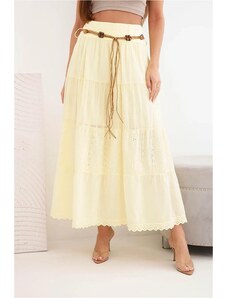 MladaModa Dlhá bavlnená sukňa s ažúrovým vyšívaním a elastickým pásom model 3240 svetlá žltá