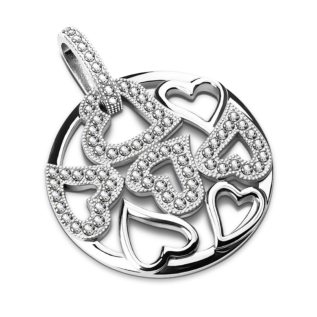 Šperky4U Oceľový prívesok so srdiečkami a zirkónmi OPP1062