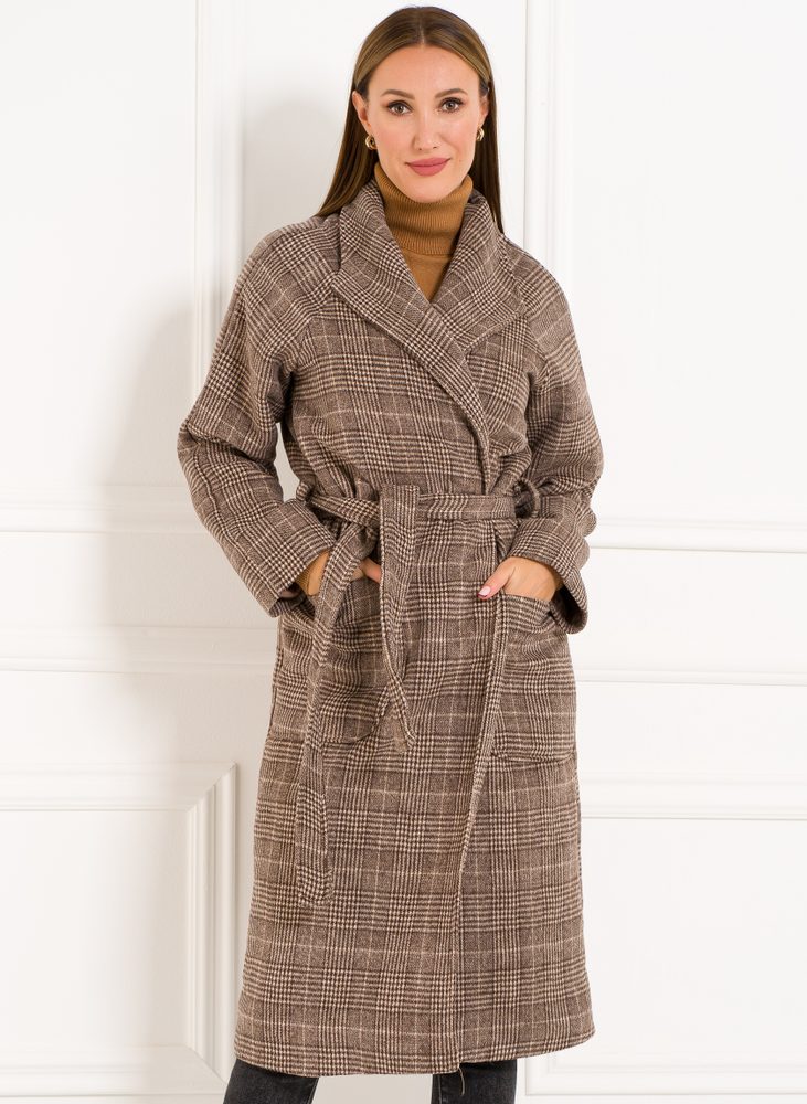 Glamorous by Glam Dámsky dlhý kabát s viazaním capuccino