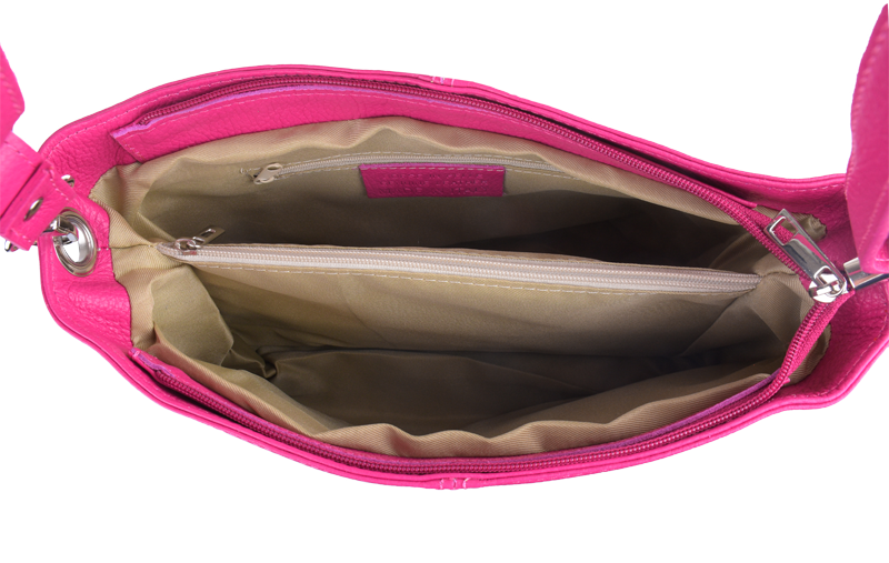 Ružová kožená talianska crossbody kabelka Prisca Fuxia Scura s prídavným pruhom IV NovaKabelka.sk