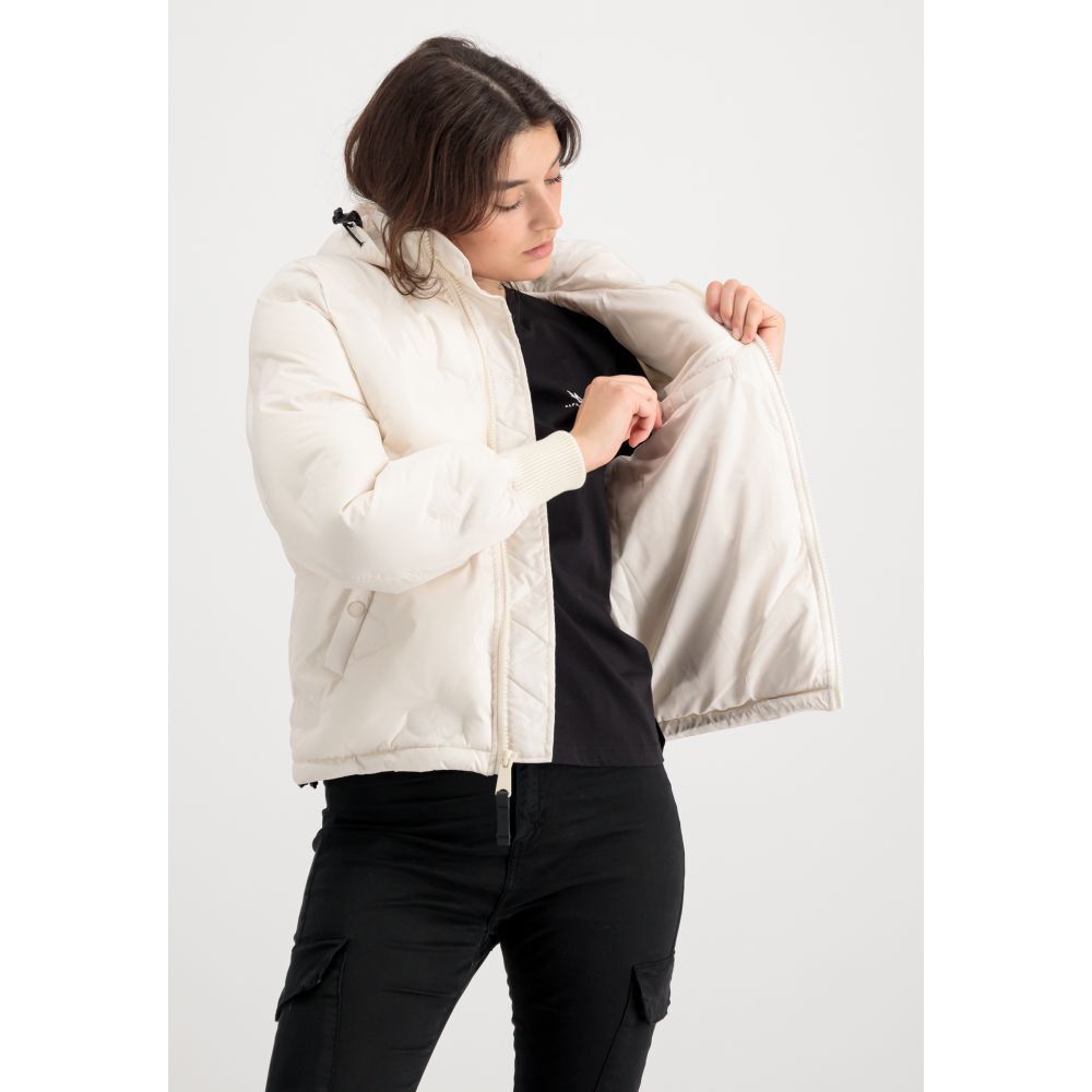 Bunda ALPHA INDUSTRIES Wmn Hooded Logo Puffer biela
