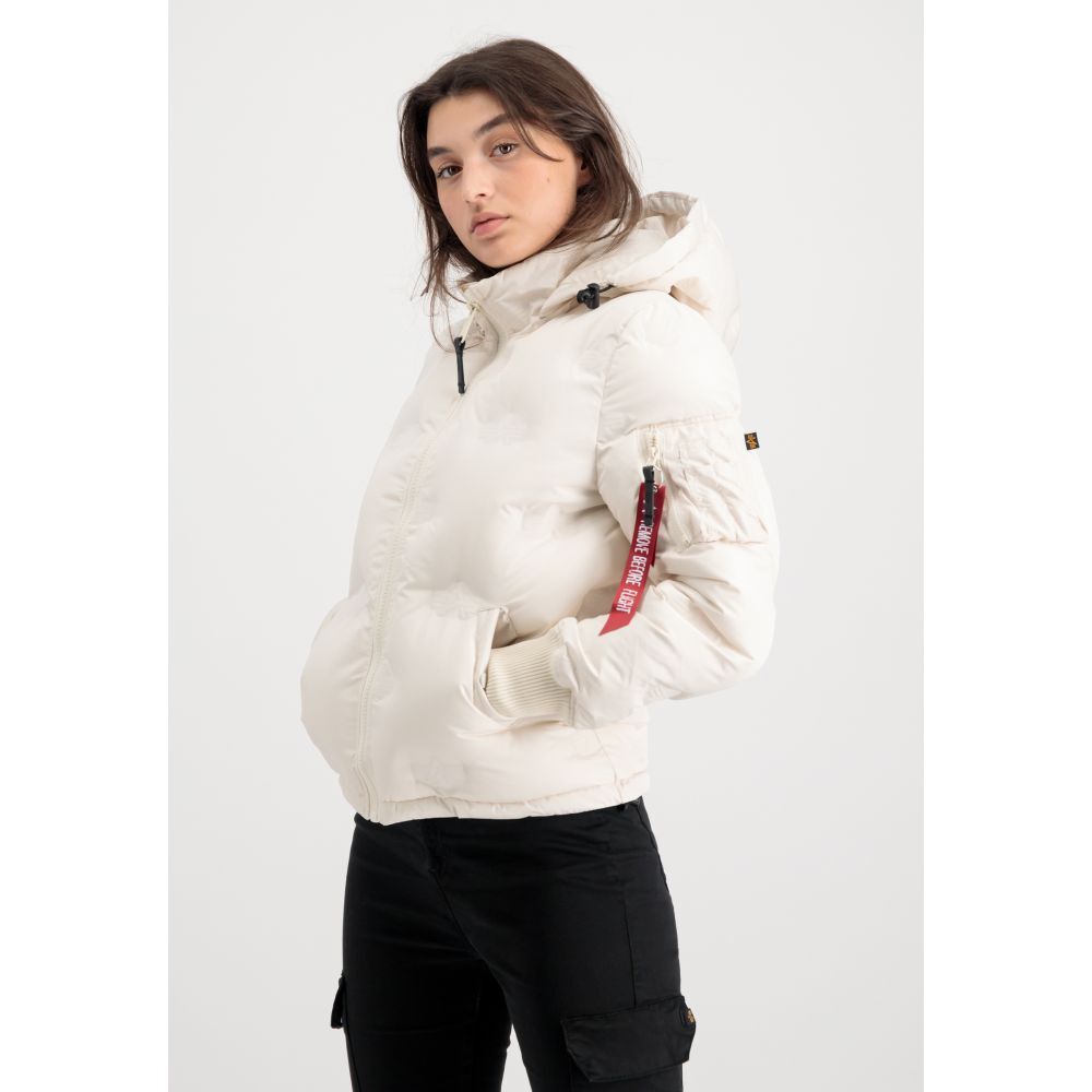 Bunda ALPHA INDUSTRIES Wmn Hooded Logo Puffer biela