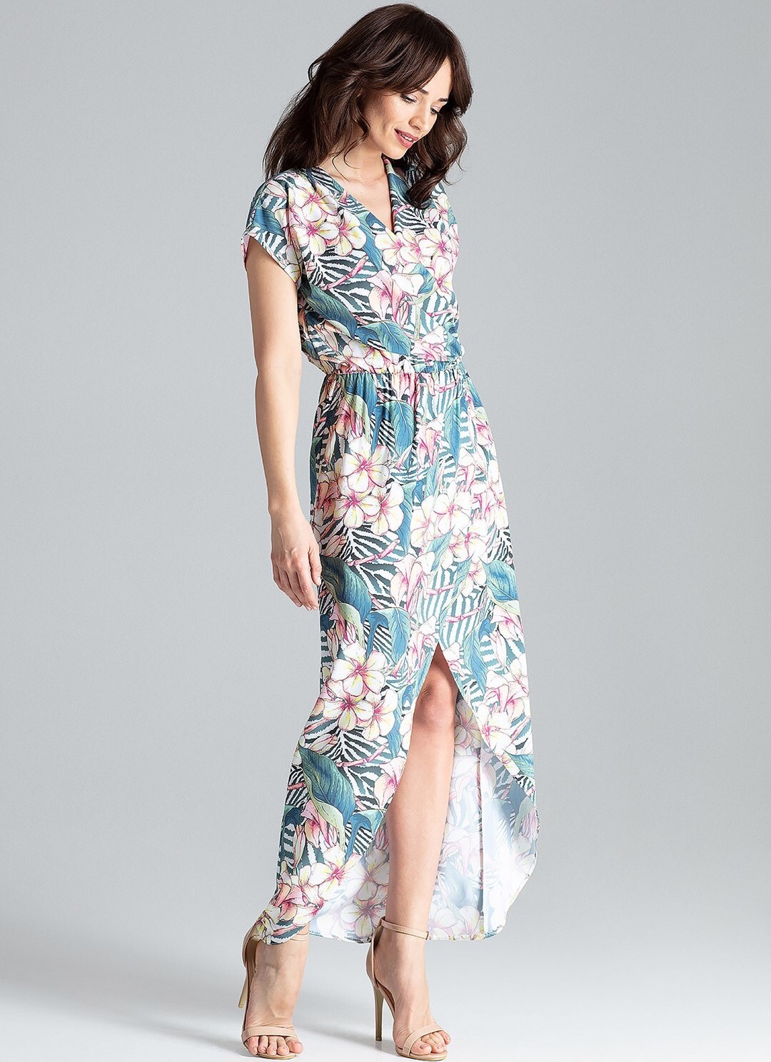 LENITIF Dlhé šaty s kvetinovým vzorom a rozpárkom L033