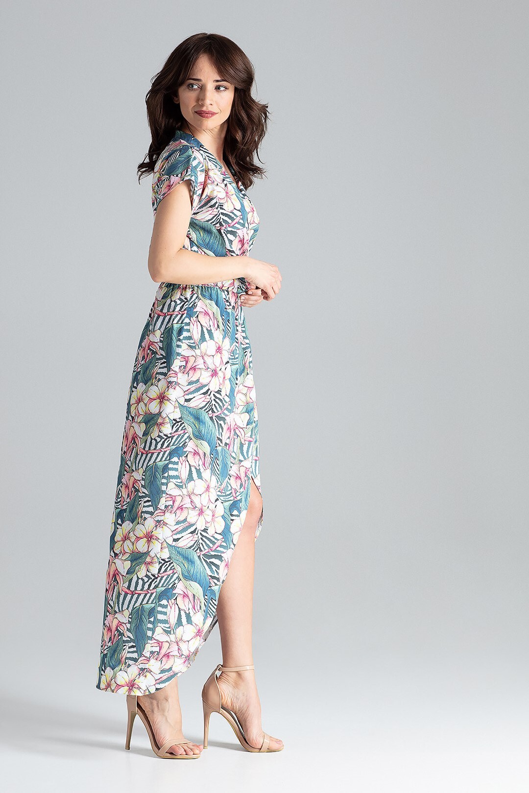 LENITIF Dlhé šaty s kvetinovým vzorom a rozpárkom L033