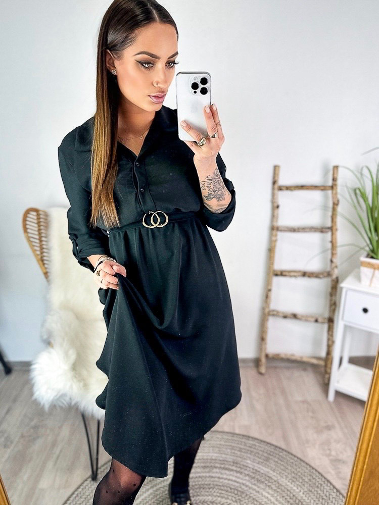 MFY Čierne košeľové šaty s opaskom v midi dĺžke