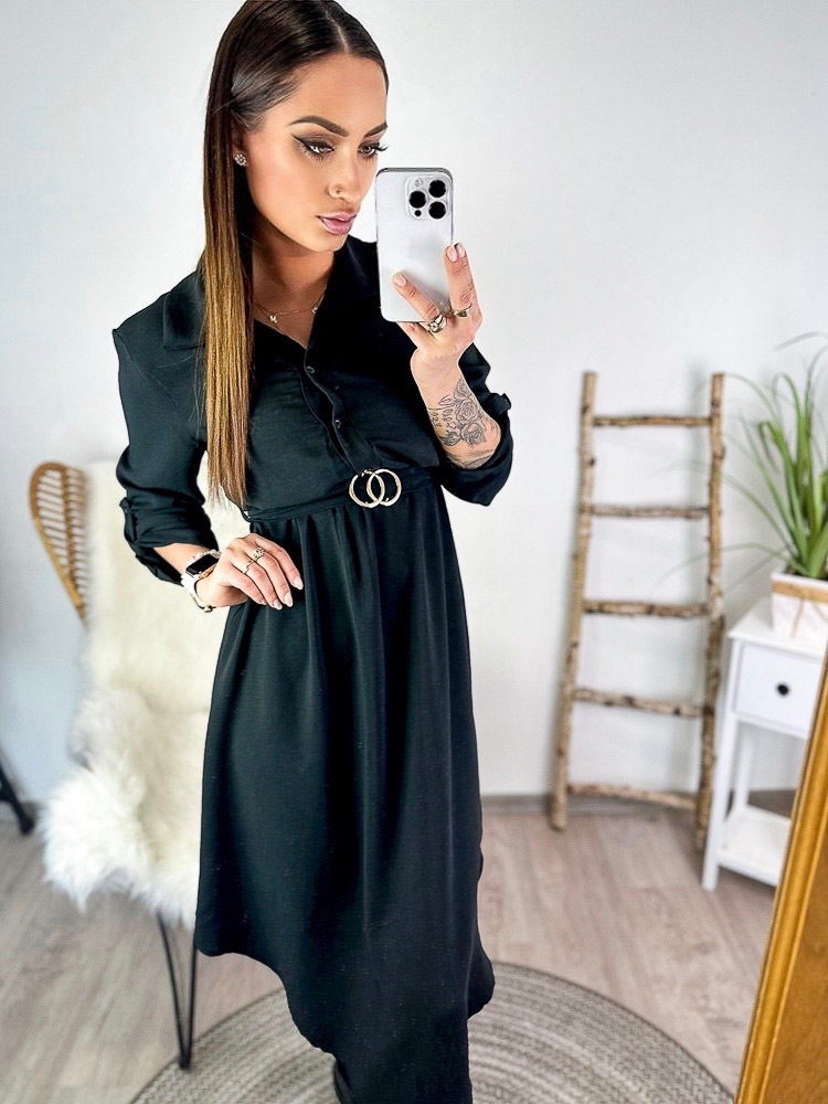 MFY Čierne košeľové šaty s opaskom v midi dĺžke