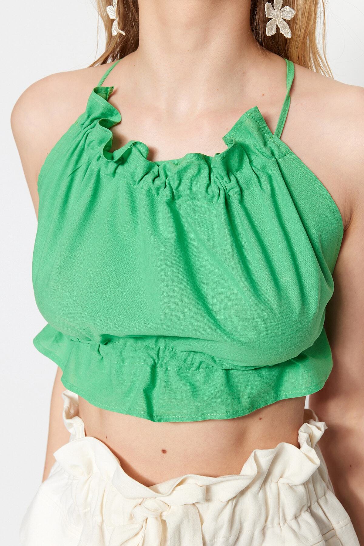 Trendyol Tropická Zelená Tkaná Peplumová Crop Top