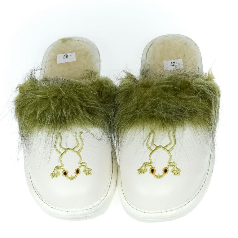 JOHN-C Dámske kožené zateplené biele papuče ŽABIČKA