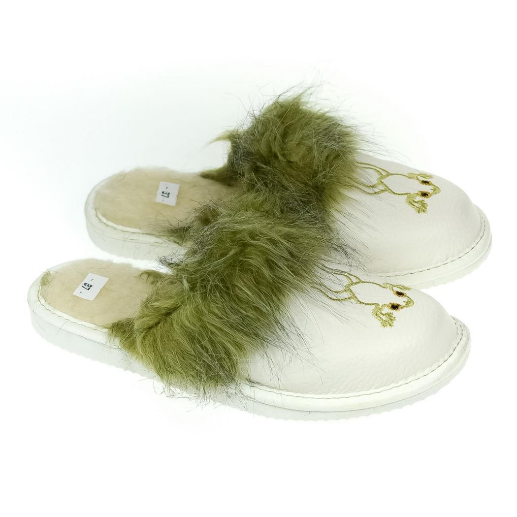 JOHN-C Dámske kožené zateplené biele papuče ŽABIČKA