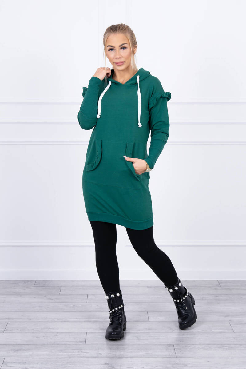 K-Fashion Šaty s ozdobnými volánikmi a kapucňou zelenej farby