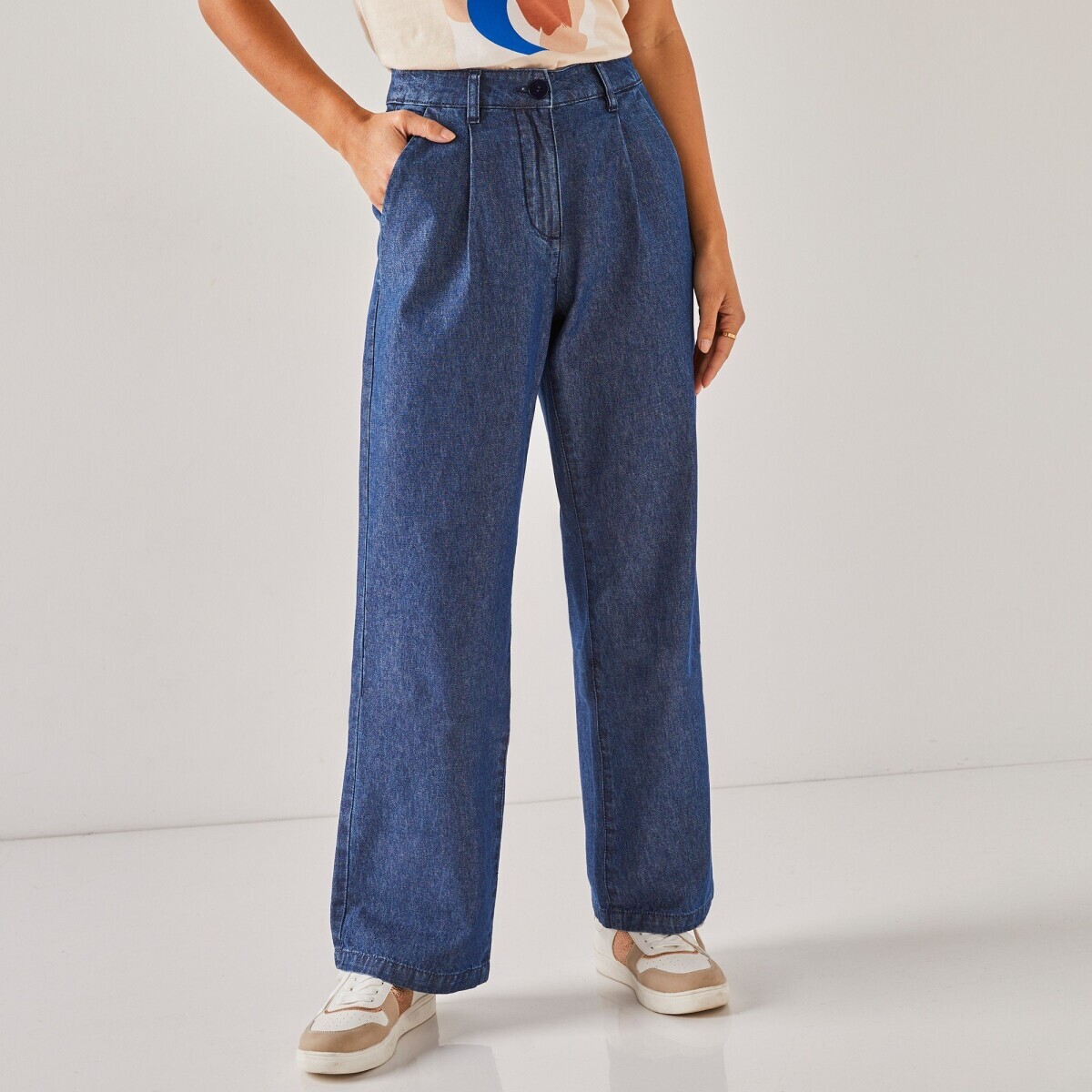 Denimové široké nohavice pre nižšiu postavu modrá 036 Blancheporte