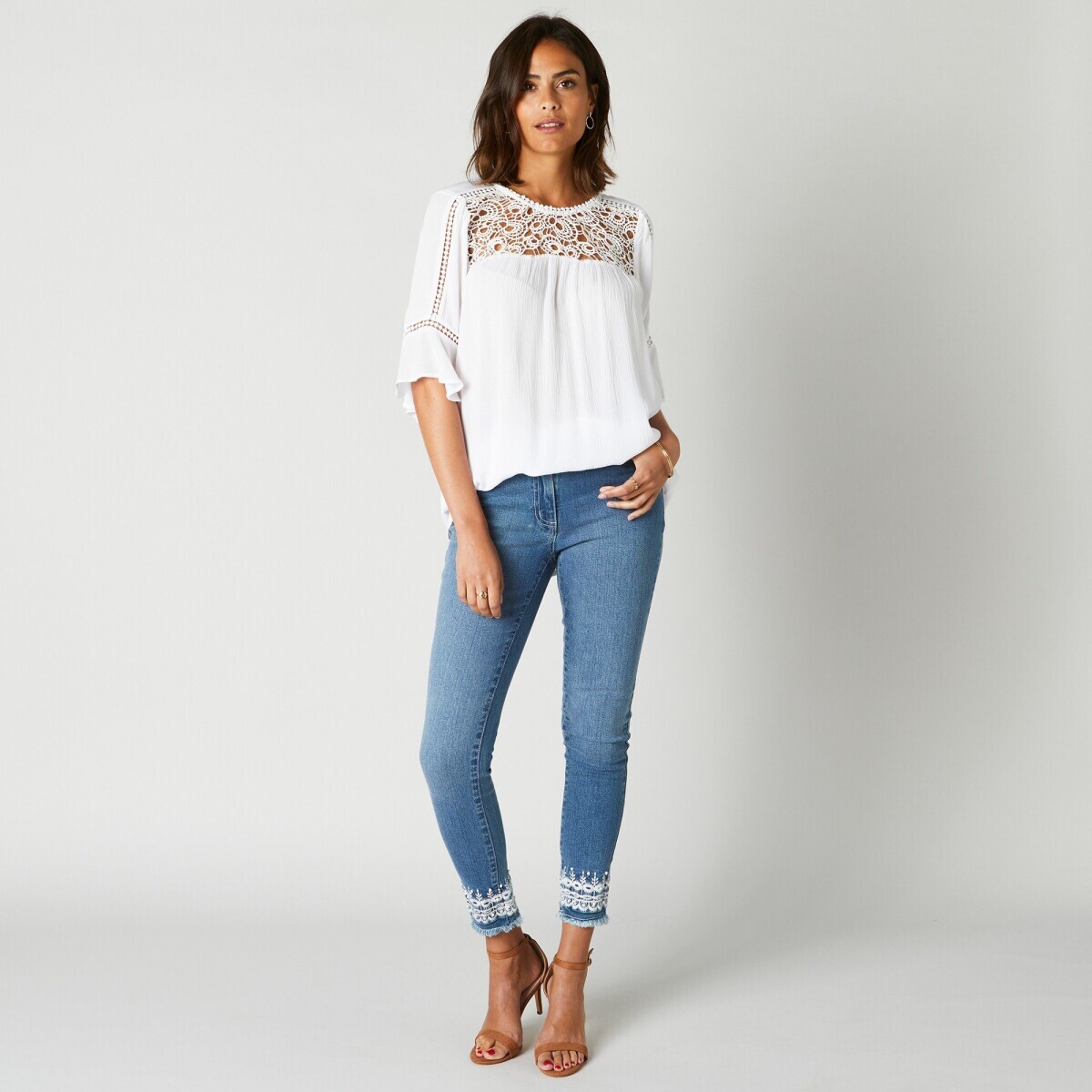 7/8 džínsy s výšivkou a 5 vreckami zapratá modrá 042 Blancheporte