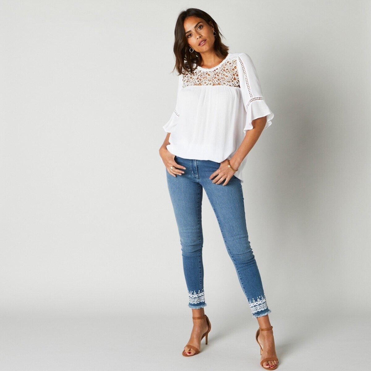 7/8 džínsy s výšivkou a 5 vreckami zapratá modrá 042 Blancheporte