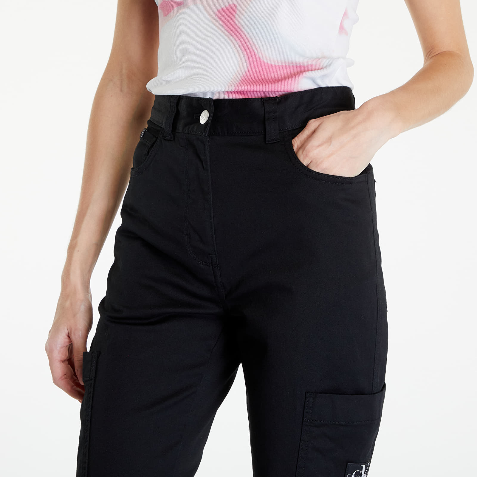 Kalhoty Calvin Klein Jeans Woven Label High Rise Straight Pant Black M