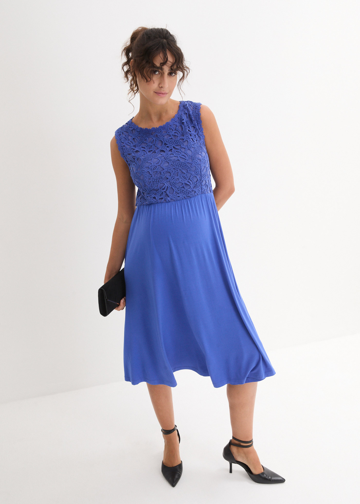 bonprix Materské šaty s čipkou a naťahovacím zadným dielom, farba modrá