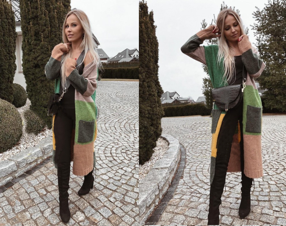 Fashionweek Dámsky farebný sveter kabát geometrické vzory SARA