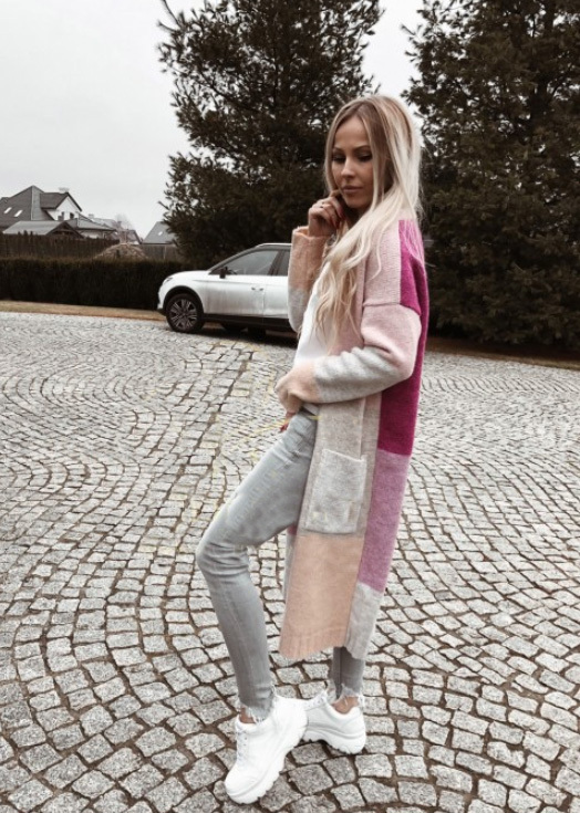 Fashionweek Dámsky farebný sveter kabát geometrické vzory SARA