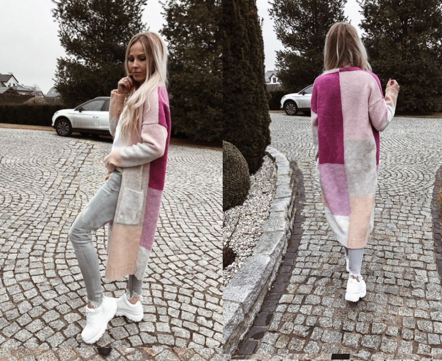 Fashionweek Dámsky farebný sveter kabát geometrické vzory SARA