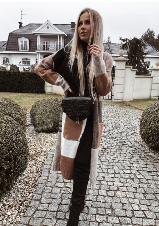 Fashionweek Dámsky farebný sveter kabát geometrické vzory SARA