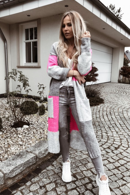 Fashionweek Dámsky farebný sveter kabát geometrické vzory SARA