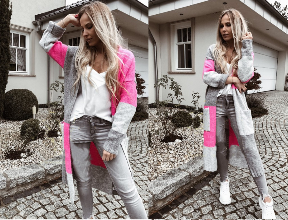 Fashionweek Dámsky farebný sveter kabát geometrické vzory SARA