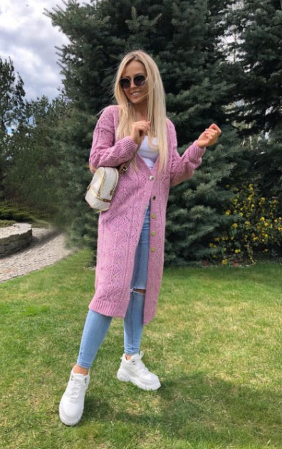 Fashionweek Krásny dlhý klasický azúrový sveter so zapínaním GABI