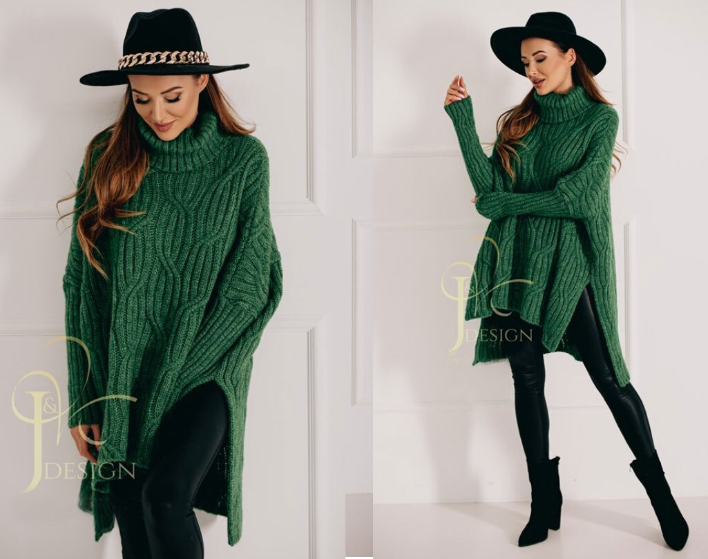 Fashionweek Luxusné pončo sveter, vlnený pletený kabát s teplým rolákom RITA