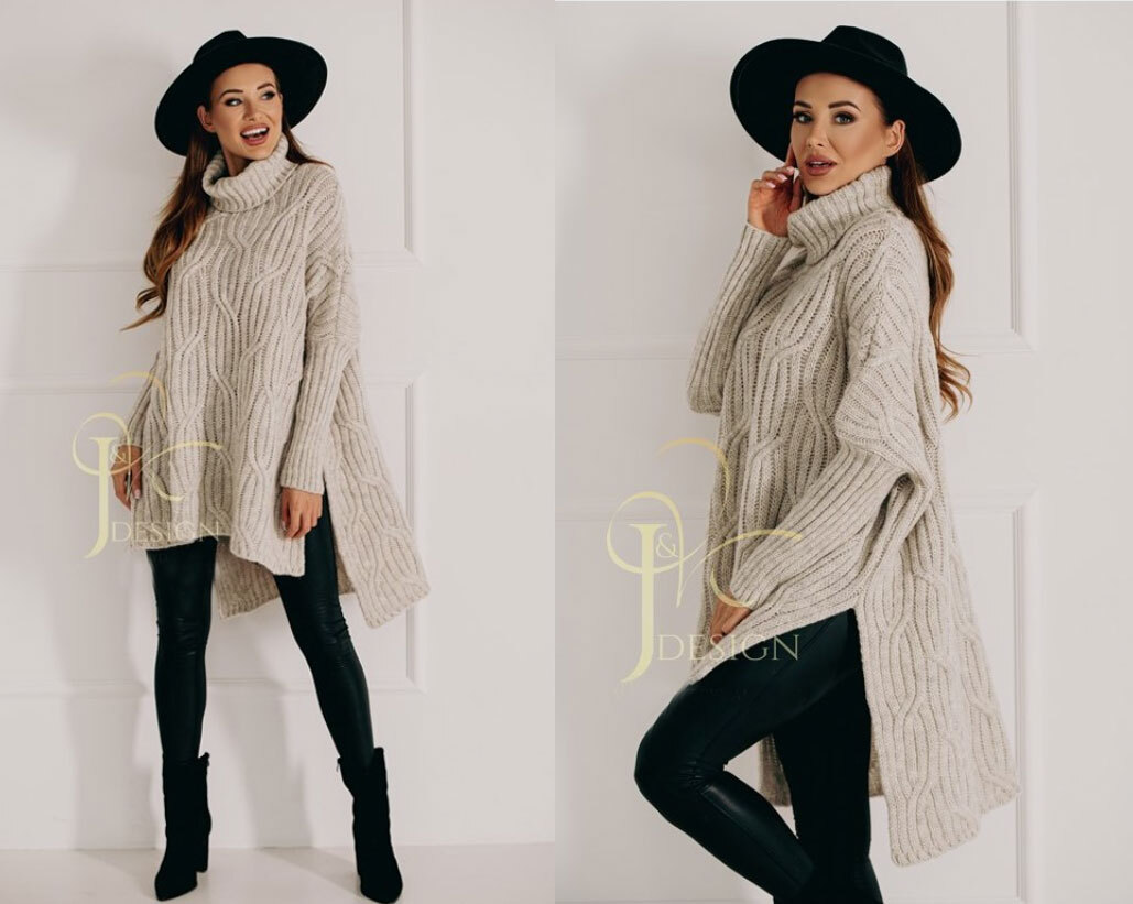Fashionweek Luxusné pončo sveter, vlnený pletený kabát s teplým rolákom RITA