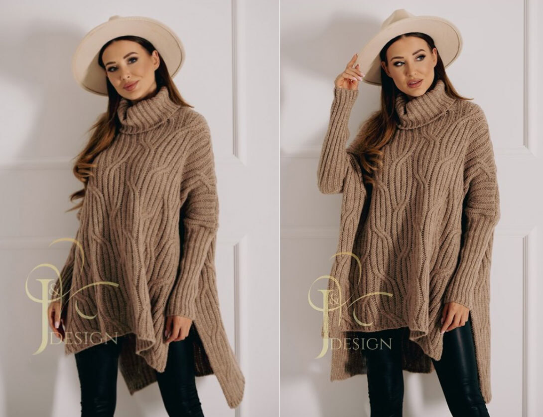 Fashionweek Luxusné pončo sveter, vlnený pletený kabát s teplým rolákom RITA