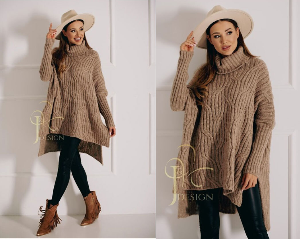 Fashionweek Luxusné pončo sveter, vlnený pletený kabát s teplým rolákom RITA