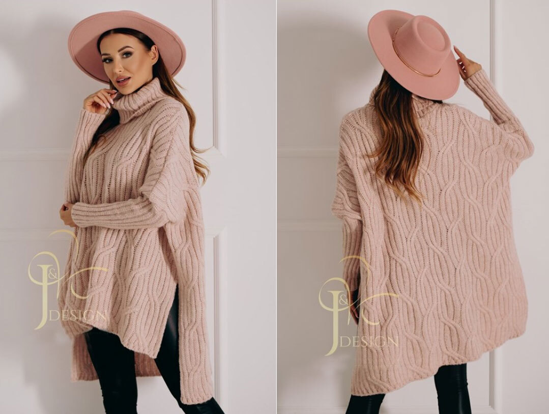 Fashionweek Luxusné pončo sveter, vlnený pletený kabát s teplým rolákom RITA