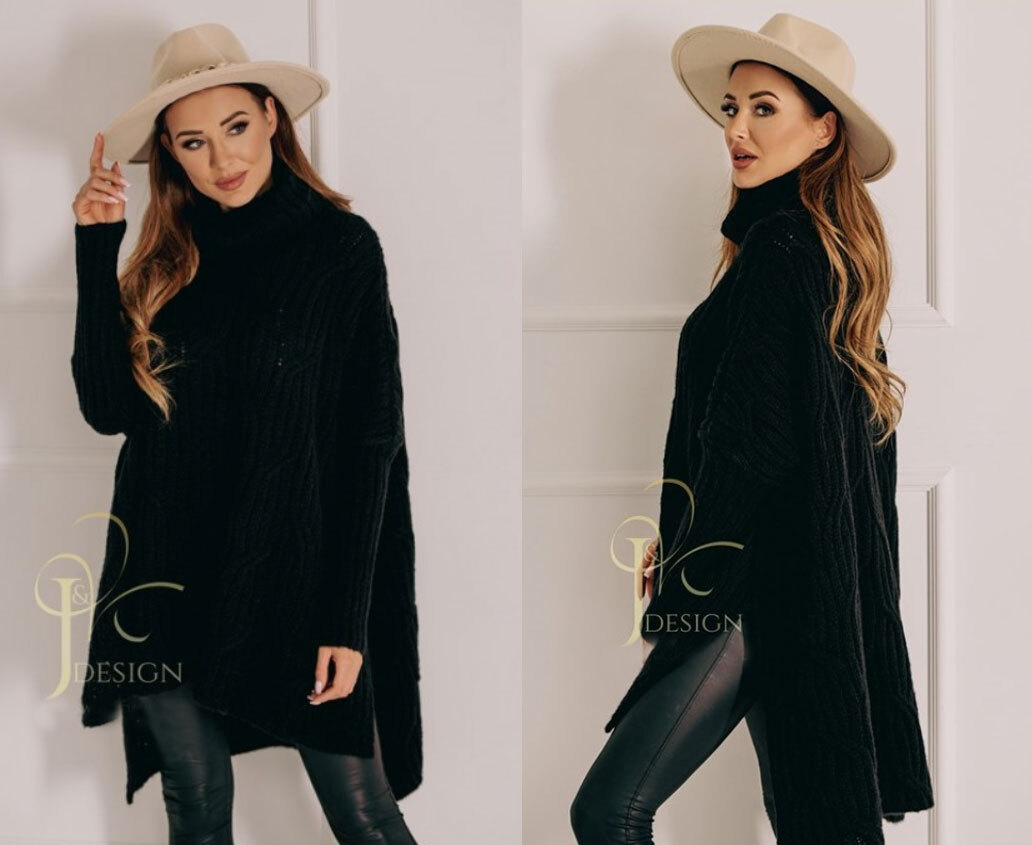 Fashionweek Luxusné pončo sveter, vlnený pletený kabát s teplým rolákom RITA