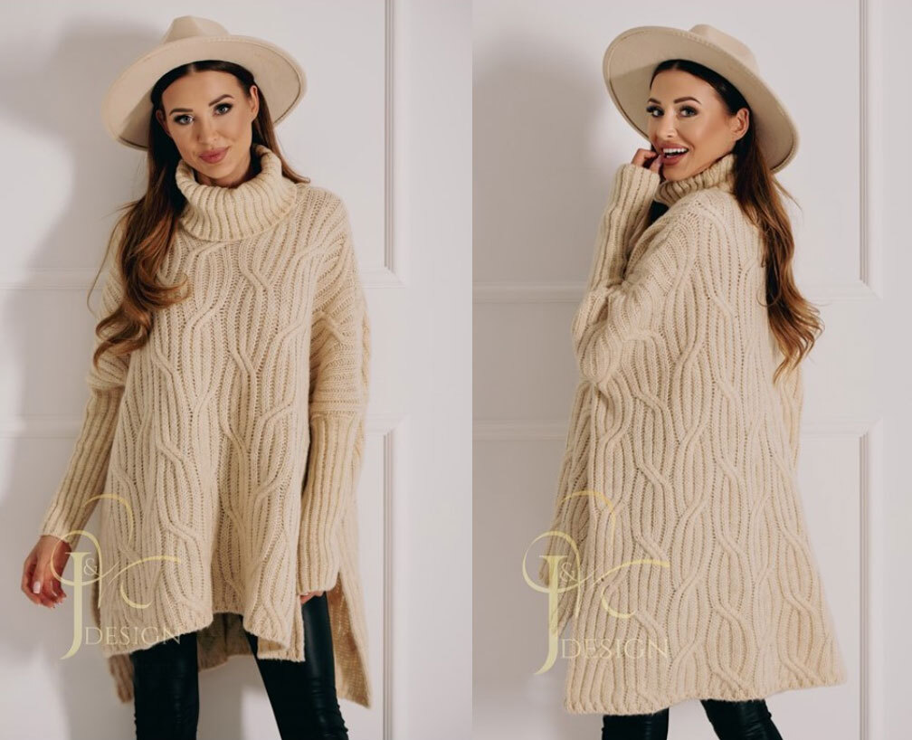 Fashionweek Luxusné pončo sveter, vlnený pletený kabát s teplým rolákom RITA