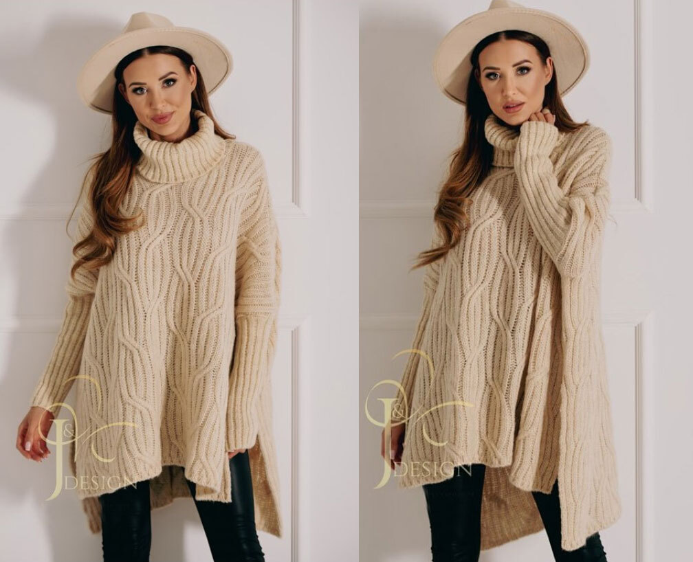 Fashionweek Luxusné pončo sveter, vlnený pletený kabát s teplým rolákom RITA