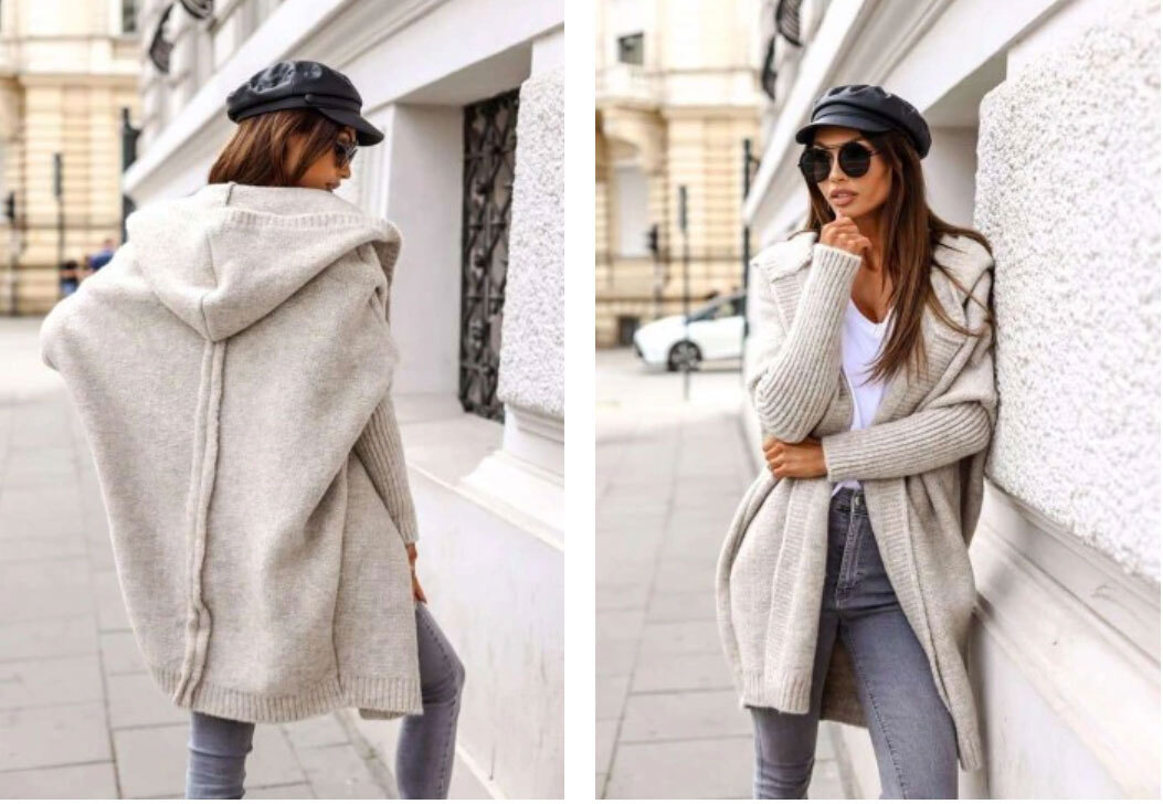 Fashionweek Dámsky luxusný pletený kabát, kardigan s kapucňou BETI