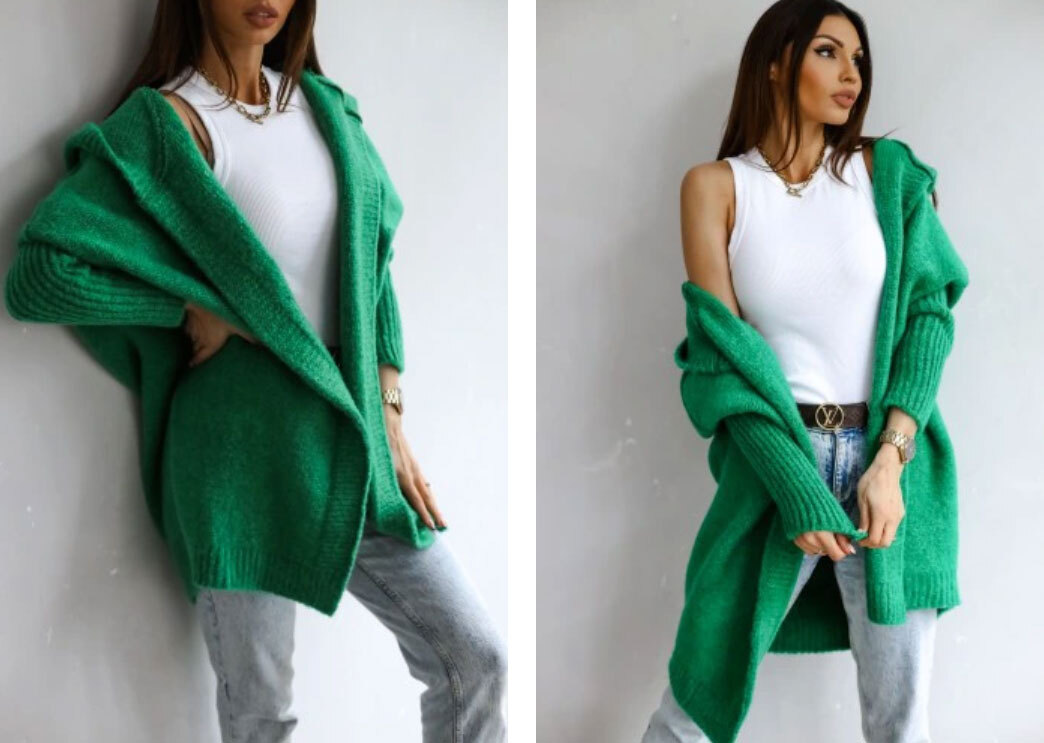 Fashionweek Dámsky luxusný pletený kabát, kardigan s kapucňou BETI