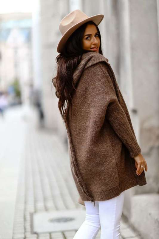 Fashionweek Dámsky luxusný pletený kabát, kardigan s kapucňou BETI